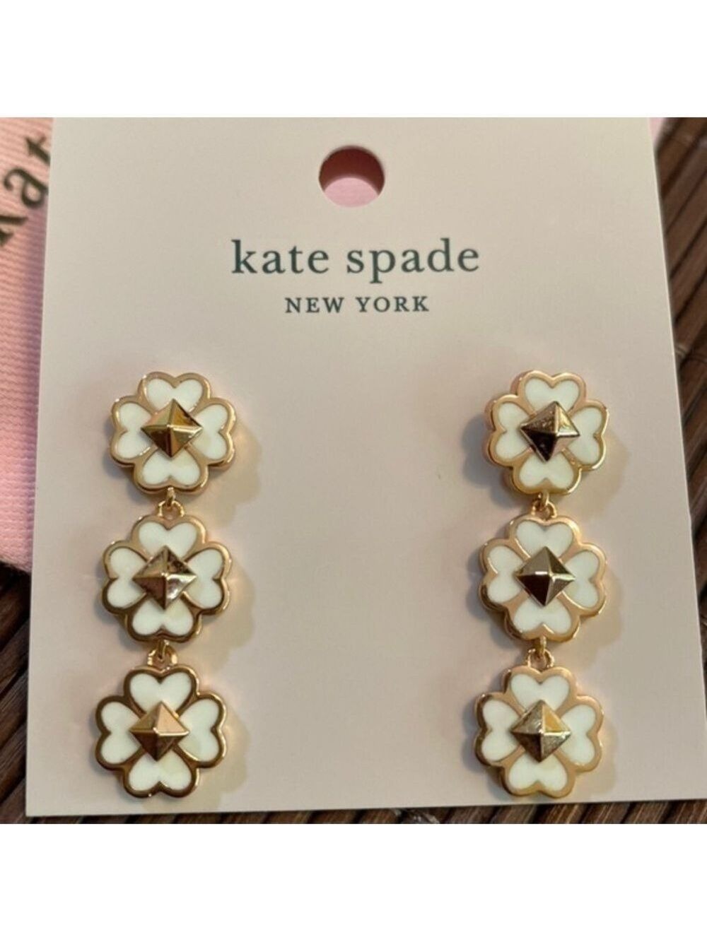 Kate Spade linear white and gold statement spade pierced drop earrings